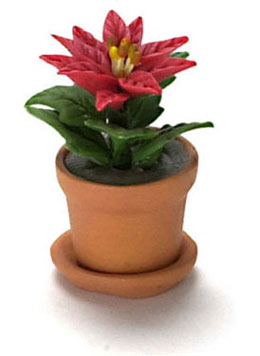 Dollhouse Miniature Poinsettia In Pot, 1 Red Flower